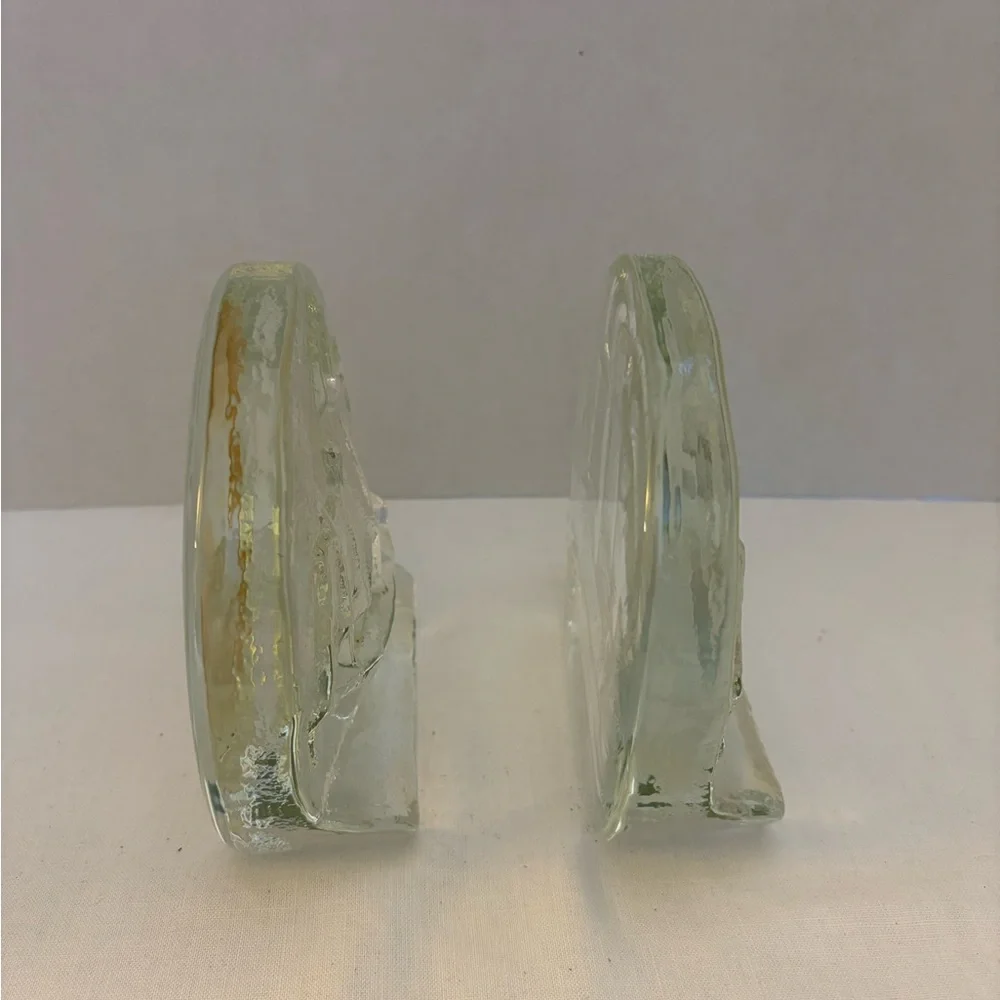 Vintage Blenko Clear Glass Sailboat Bookends 6”x6”.